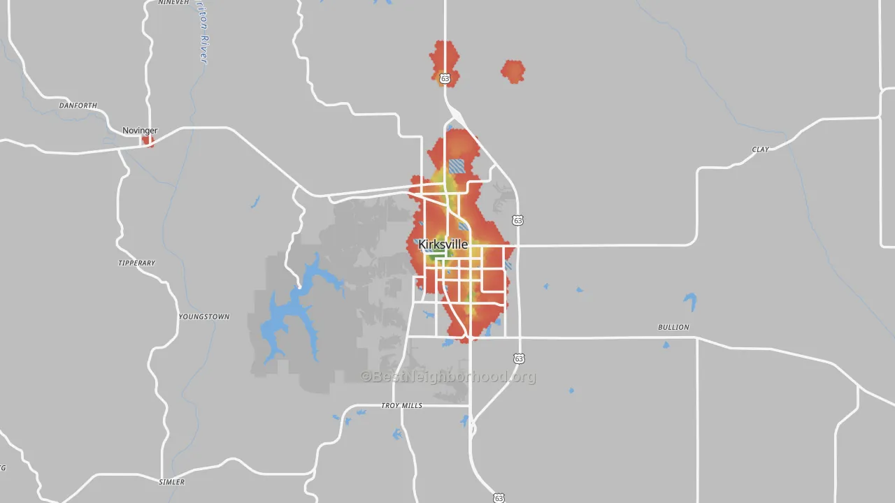 Walk Grade map of Adair County, MO, walkable areas in green and car-dependent areas in red