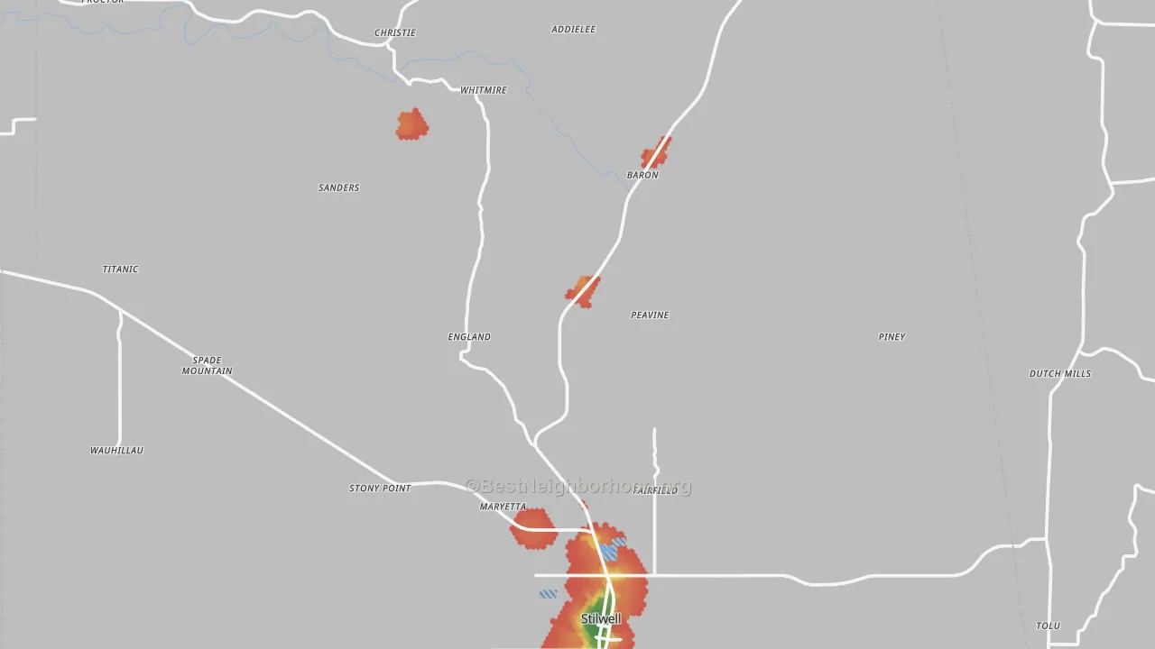 Walk Grade map of Adair County, OK, walkable areas in green and car-dependent areas in red