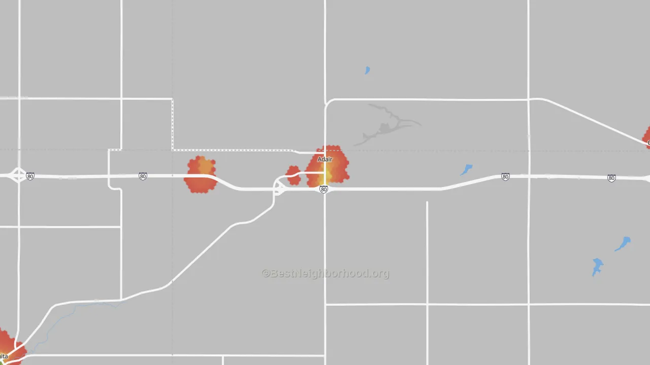 Walk Grade map of Adair, IA, walkable areas in green and car-dependent areas in red