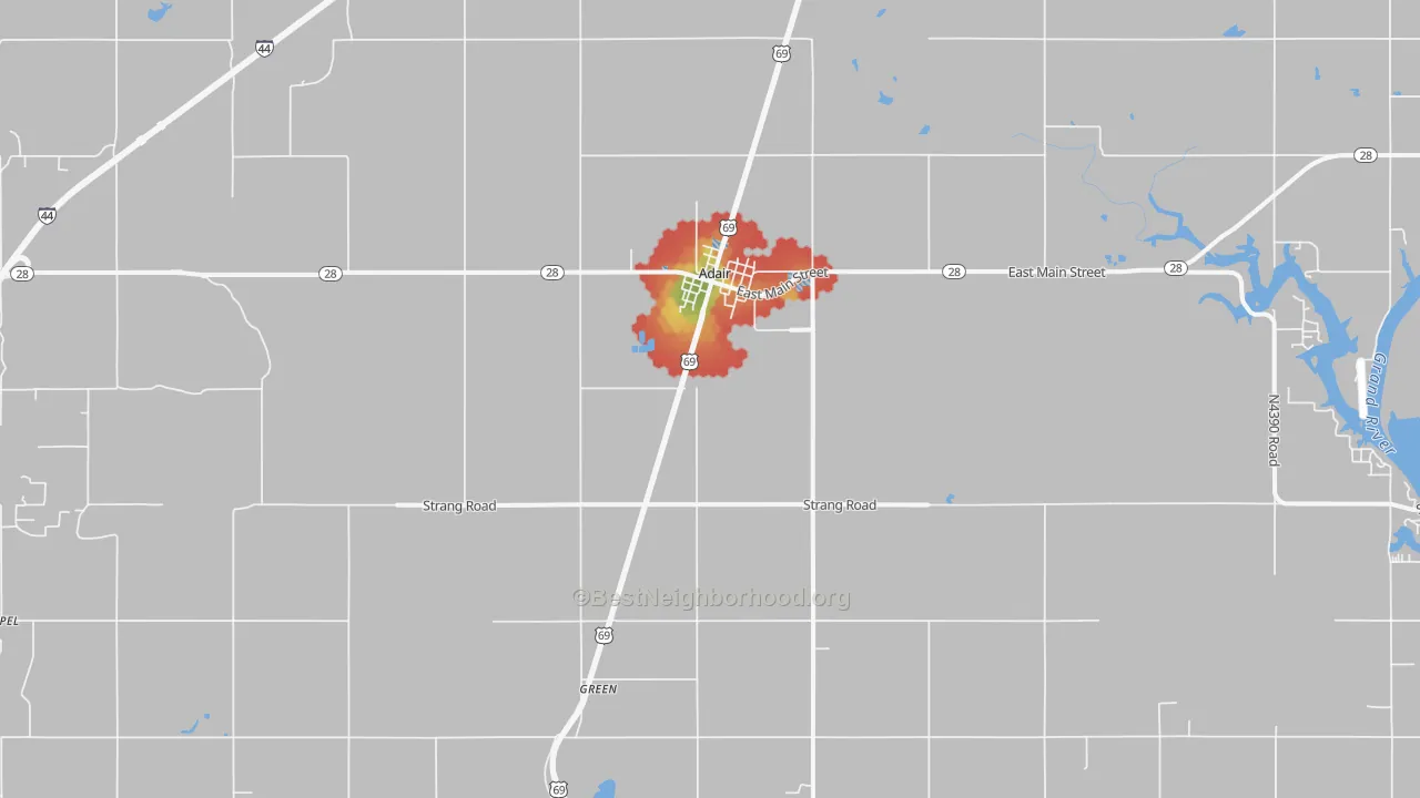 Walk Grade map of Adair, OK, walkable areas in green and car-dependent areas in red