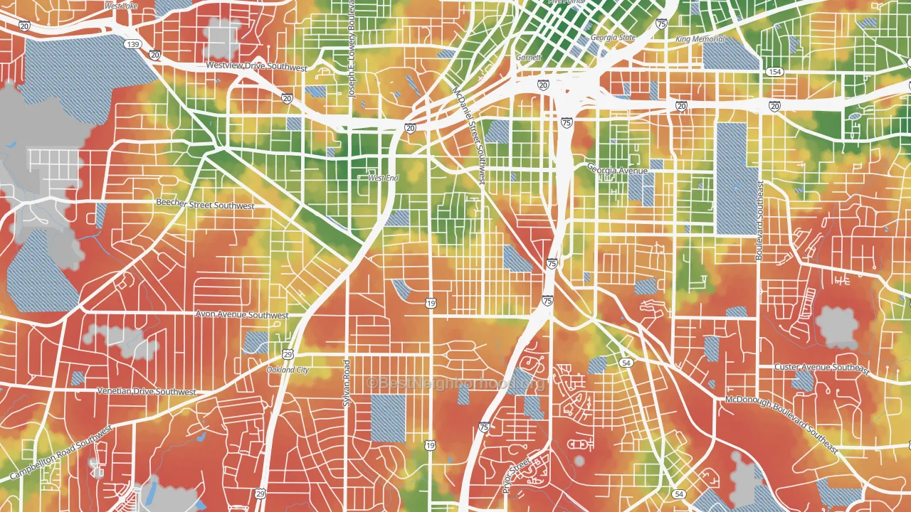 Walk Grade map of Adair Park, Atlanta, GA, walkable areas in green and car-dependent areas in red