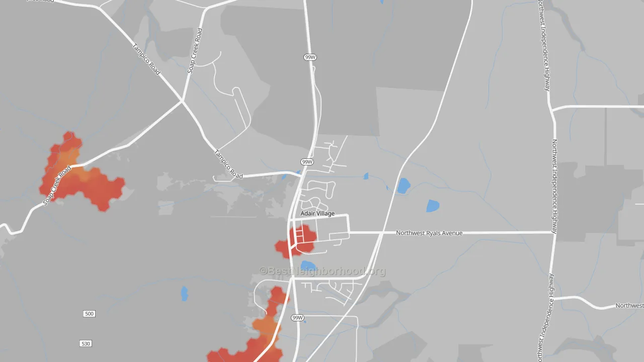 Walk Grade map of Adair Village, OR, walkable areas in green and car-dependent areas in red