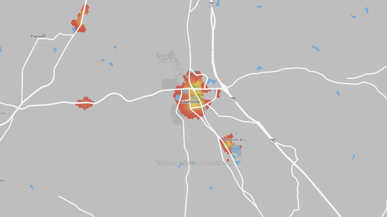 Walk Grade map of Adairsville, GA, walkable areas in green and car-dependent areas in red