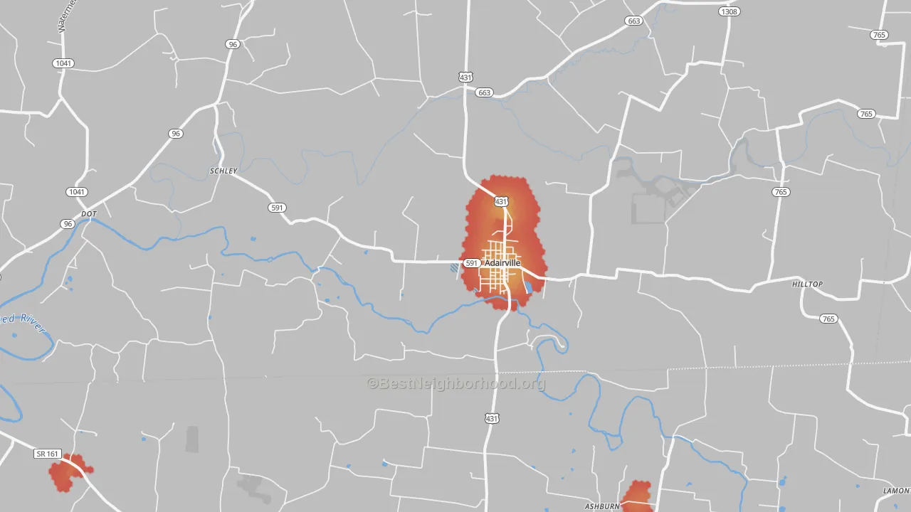 Walk Grade map of Adairville, KY, walkable areas in green and car-dependent areas in red