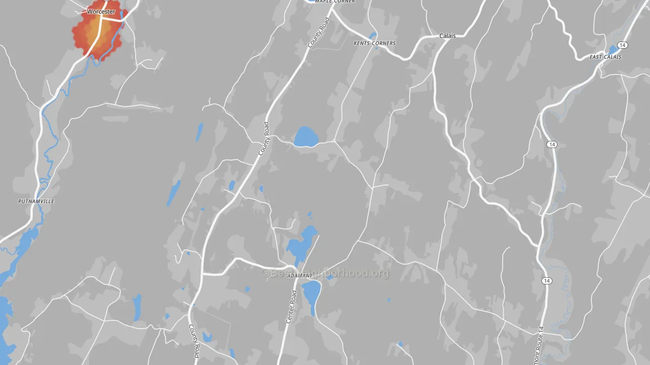 Walk Grade map of Adamant, VT, walkable areas in green and car-dependent areas in red
