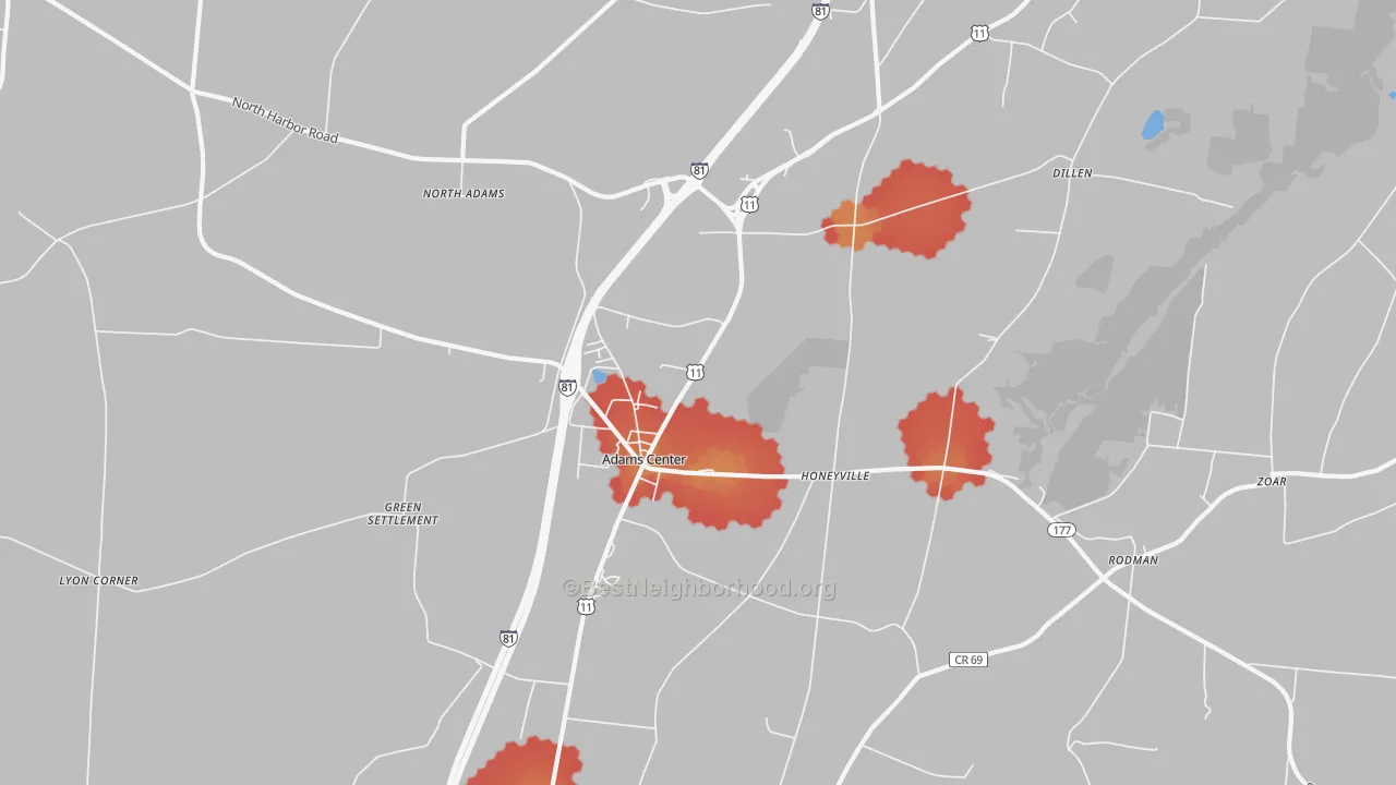 Walk Grade map of Adams Center, NY, walkable areas in green and car-dependent areas in red