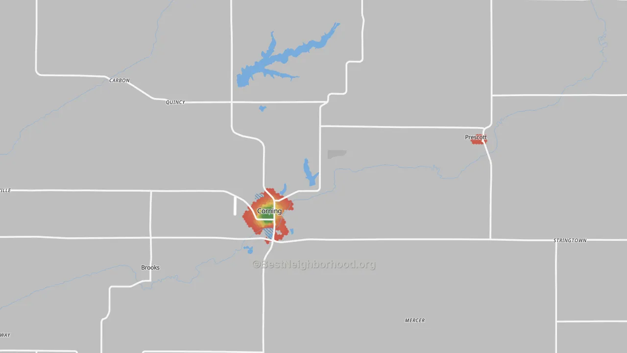 Walk Grade map of Adams County, IA, walkable areas in green and car-dependent areas in red
