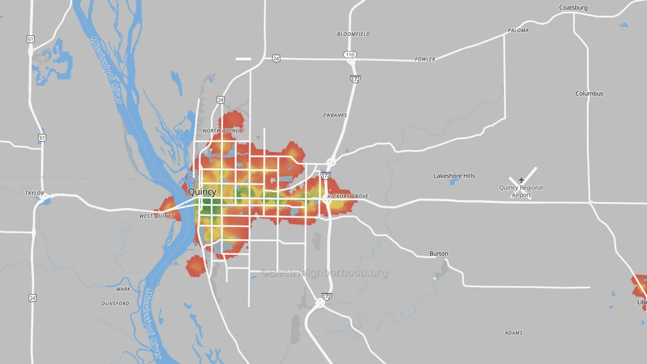 Walk Grade map of Adams County, IL, walkable areas in green and car-dependent areas in red