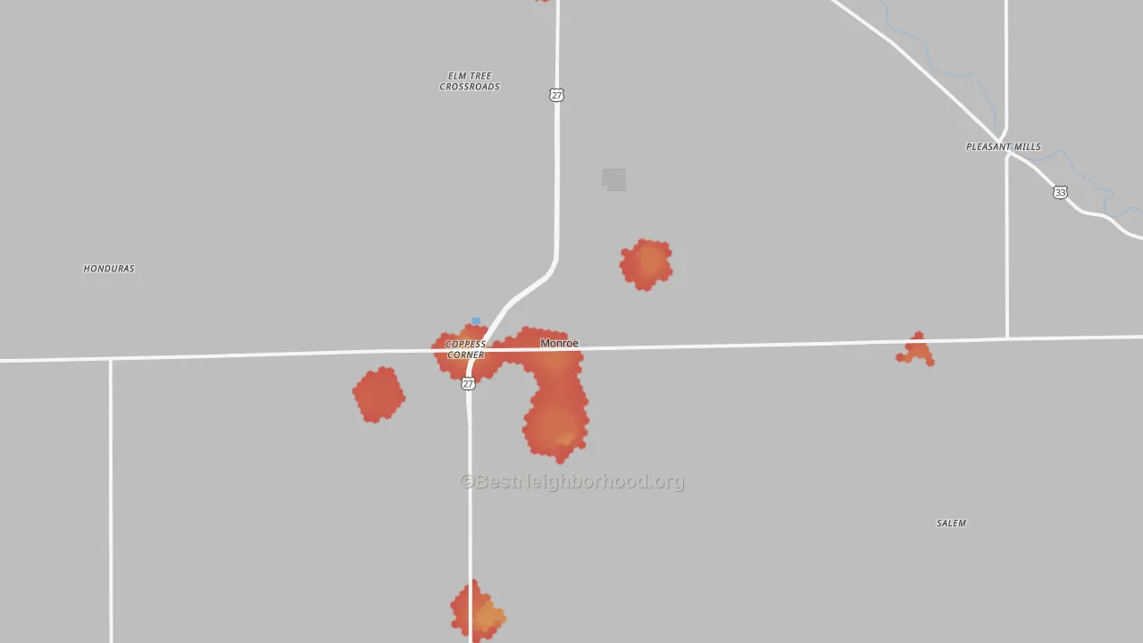 Walk Grade map of Adams County, IN, walkable areas in green and car-dependent areas in red