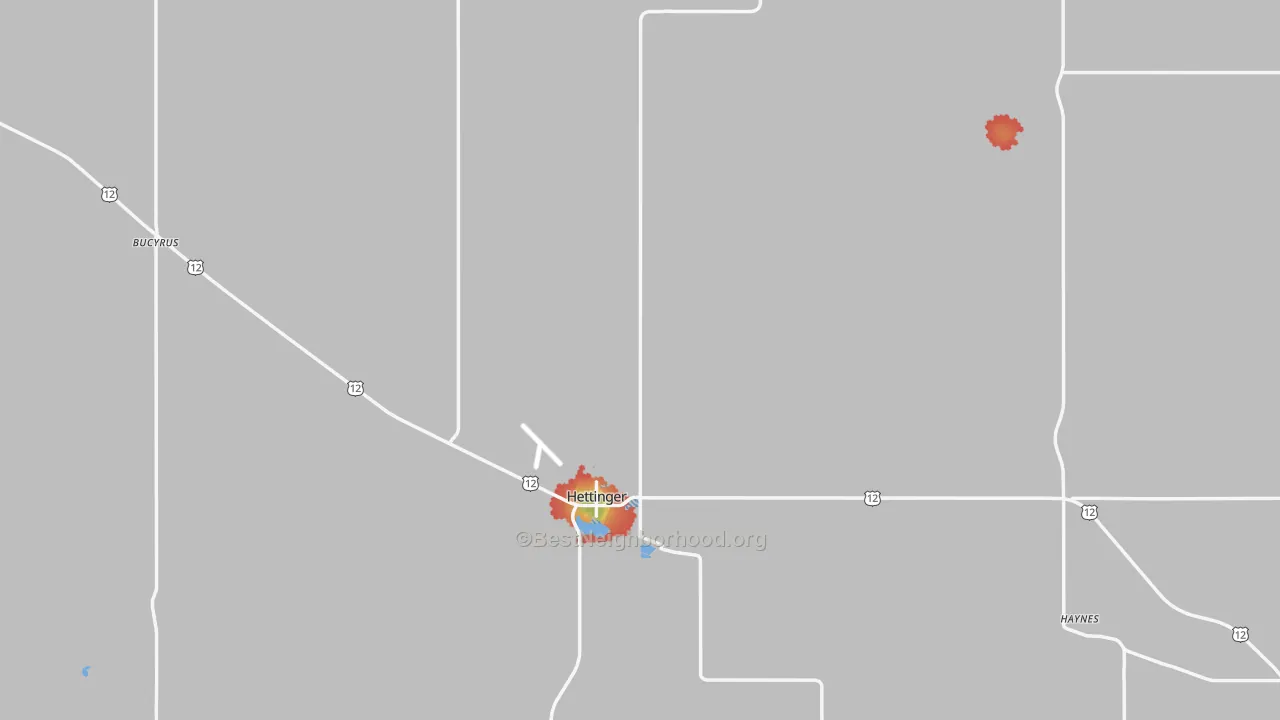 Walk Grade map of Adams County, ND, walkable areas in green and car-dependent areas in red
