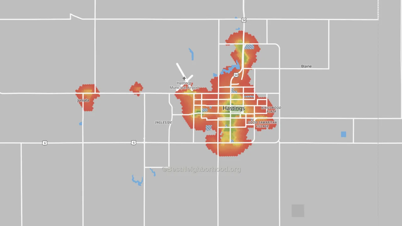 Walk Grade map of Adams County, NE, walkable areas in green and car-dependent areas in red