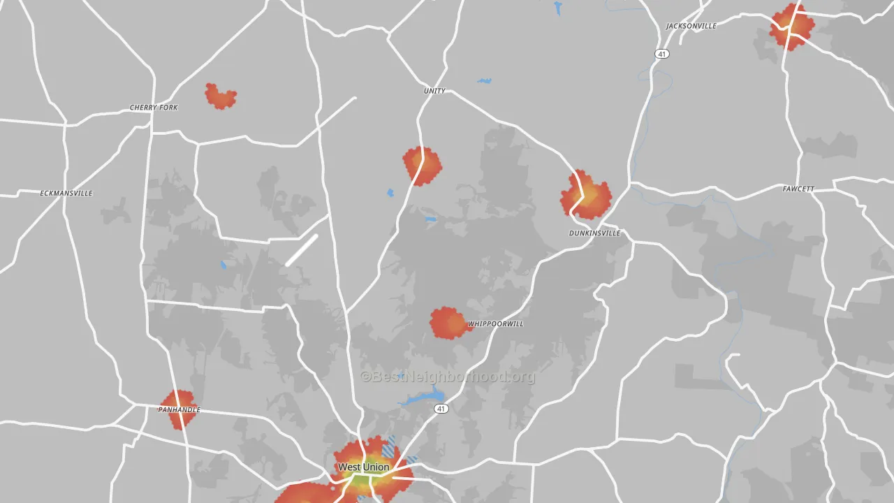 Walk Grade map of Adams County, OH, walkable areas in green and car-dependent areas in red