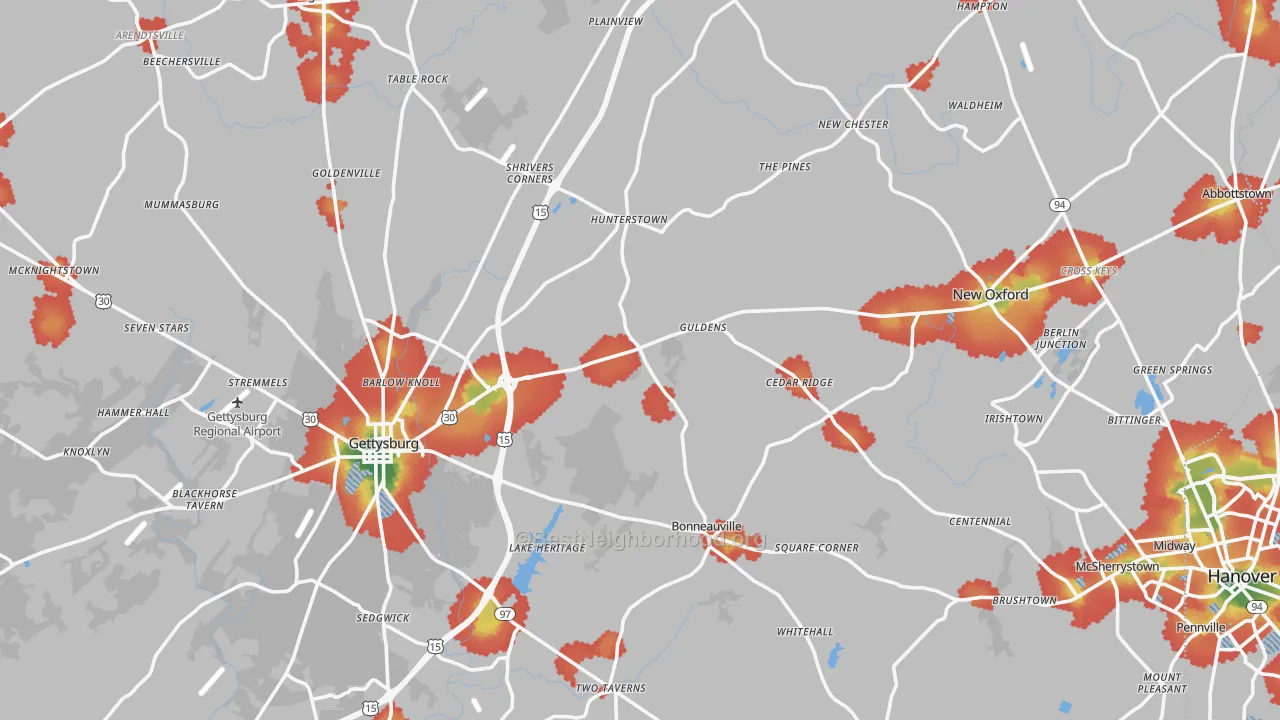 Walk Grade map of Adams County, PA, walkable areas in green and car-dependent areas in red