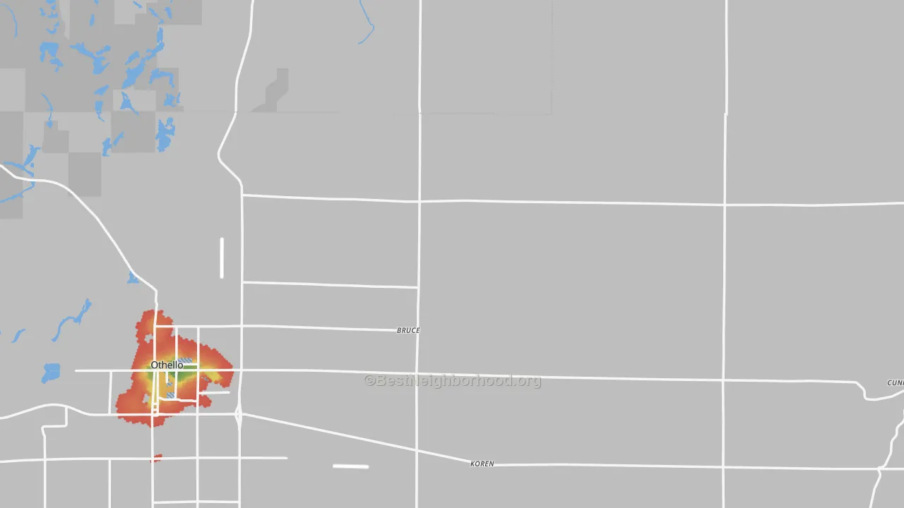 Walk Grade map of Adams County, WA, walkable areas in green and car-dependent areas in red