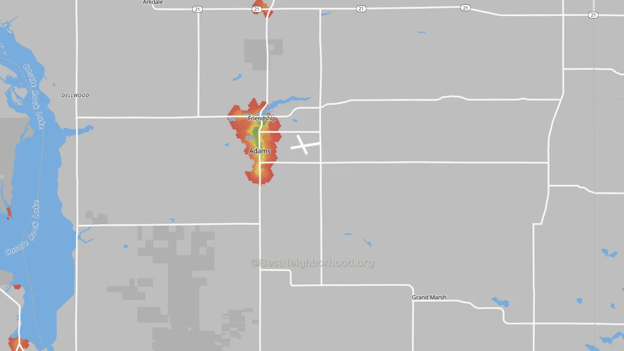 Walk Grade map of Adams County, WI, walkable areas in green and car-dependent areas in red