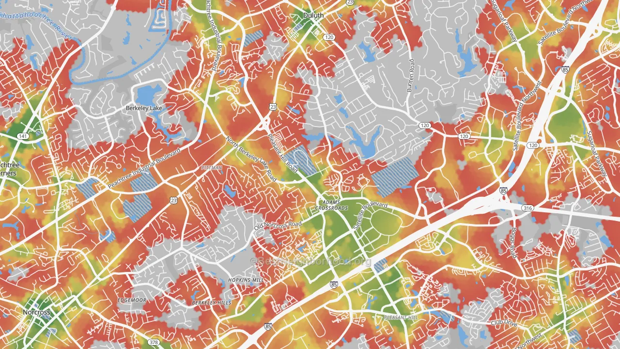 Walk Grade map of Adams Crossroads, Duluth, GA, walkable areas in green and car-dependent areas in red
