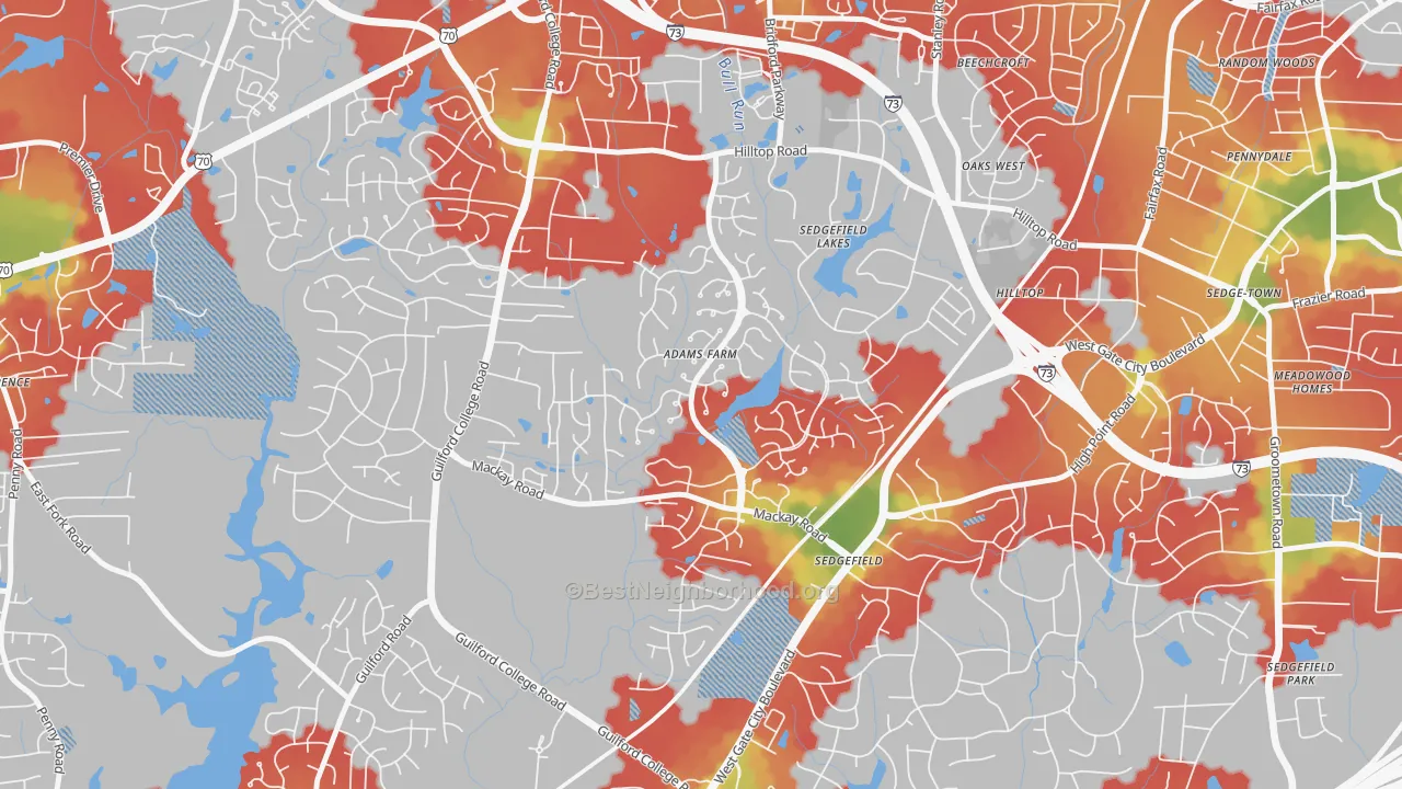 Walk Grade map of Adams Farm, Greensboro, NC, walkable areas in green and car-dependent areas in red