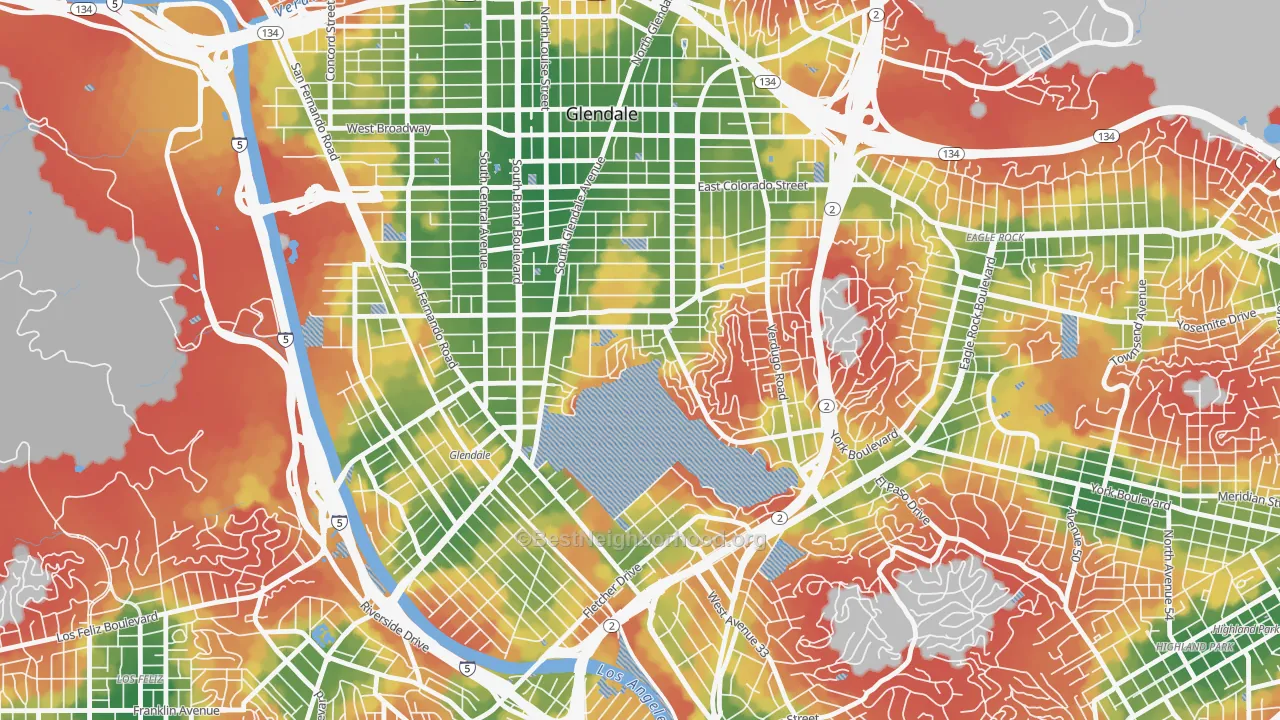 Walk Grade map of Adams Hill, Glendale, CA, walkable areas in green and car-dependent areas in red