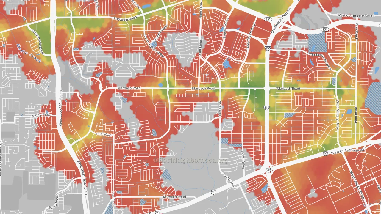 Walk Grade map of Adams Hill, San Antonio, TX, walkable areas in green and car-dependent areas in red