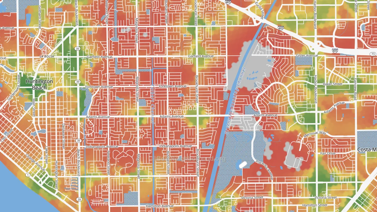 Walk Grade map of Adams, Huntington Beach, CA, walkable areas in green and car-dependent areas in red