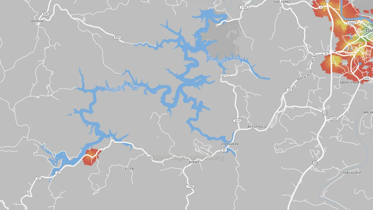 Walk Grade map of Adams, KY, walkable areas in green and car-dependent areas in red