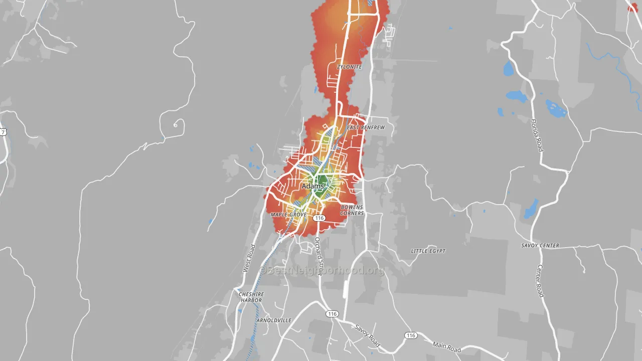 Walk Grade map of Adams, MA, walkable areas in green and car-dependent areas in red
