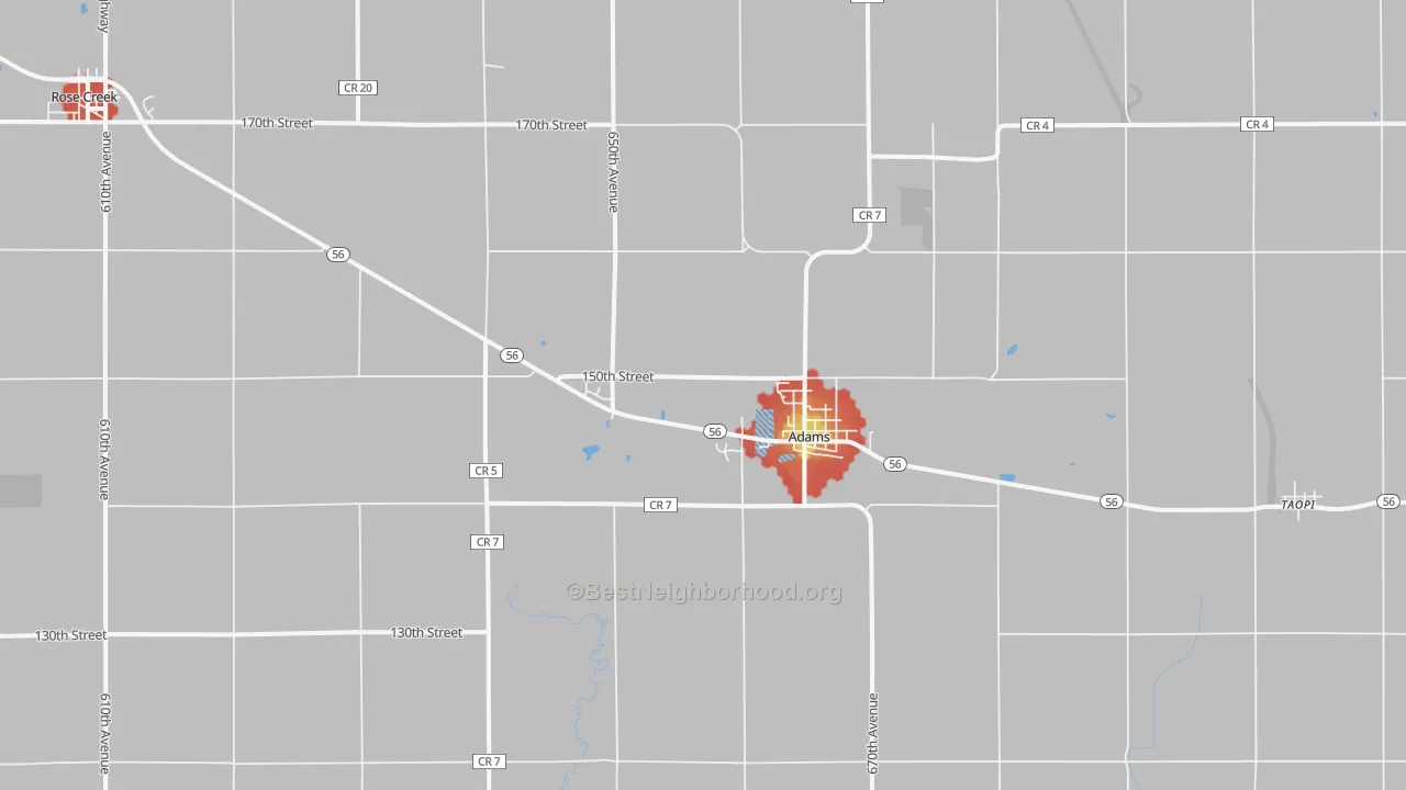 Walk Grade map of Adams, MN, walkable areas in green and car-dependent areas in red