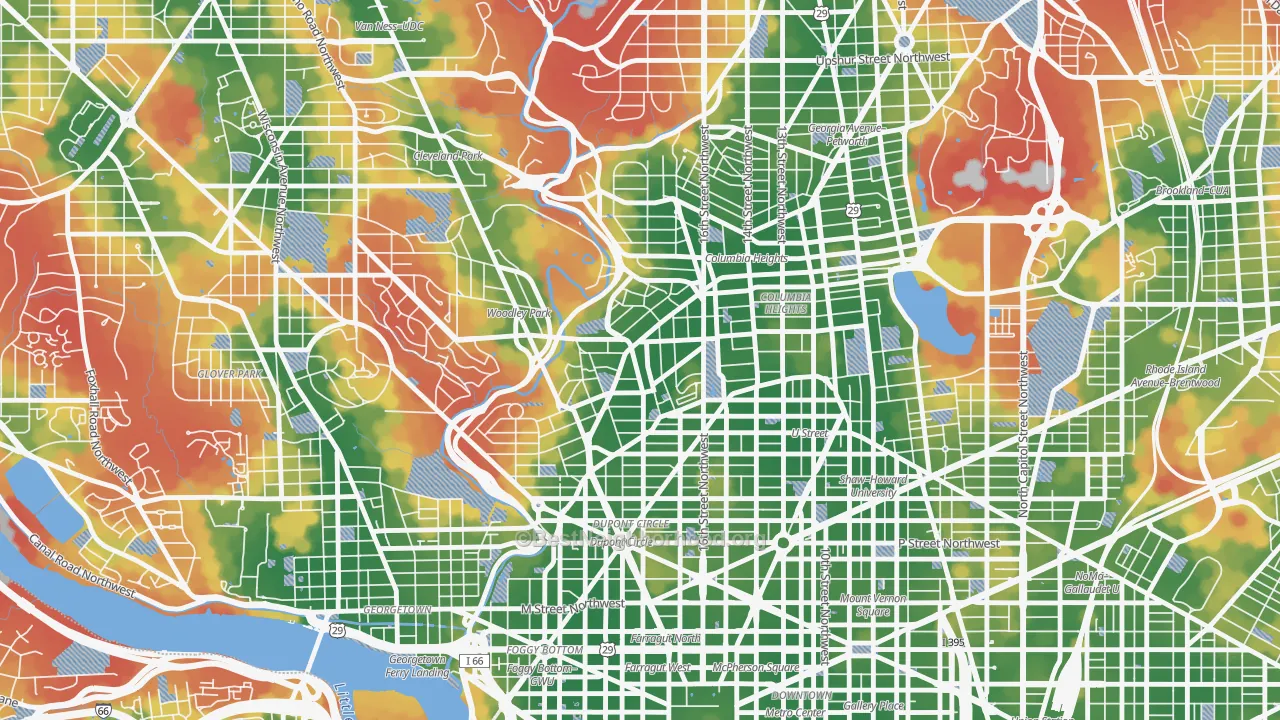 Walk Grade map of Adams Morgan, Washington, DC, walkable areas in green and car-dependent areas in red