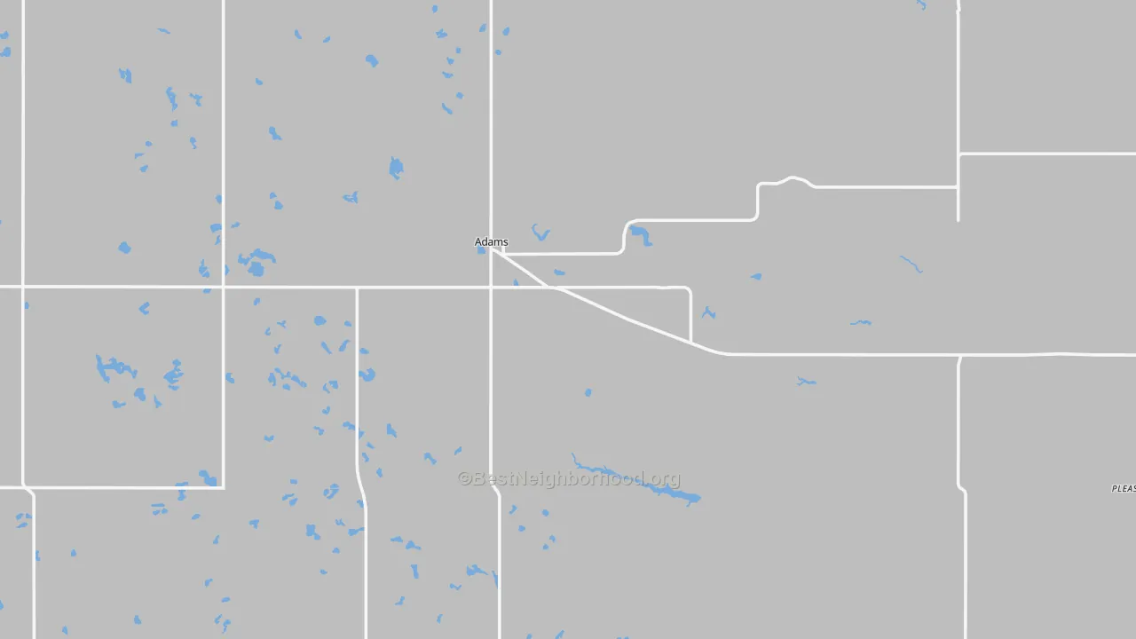Walk Grade map of Adams, ND, walkable areas in green and car-dependent areas in red