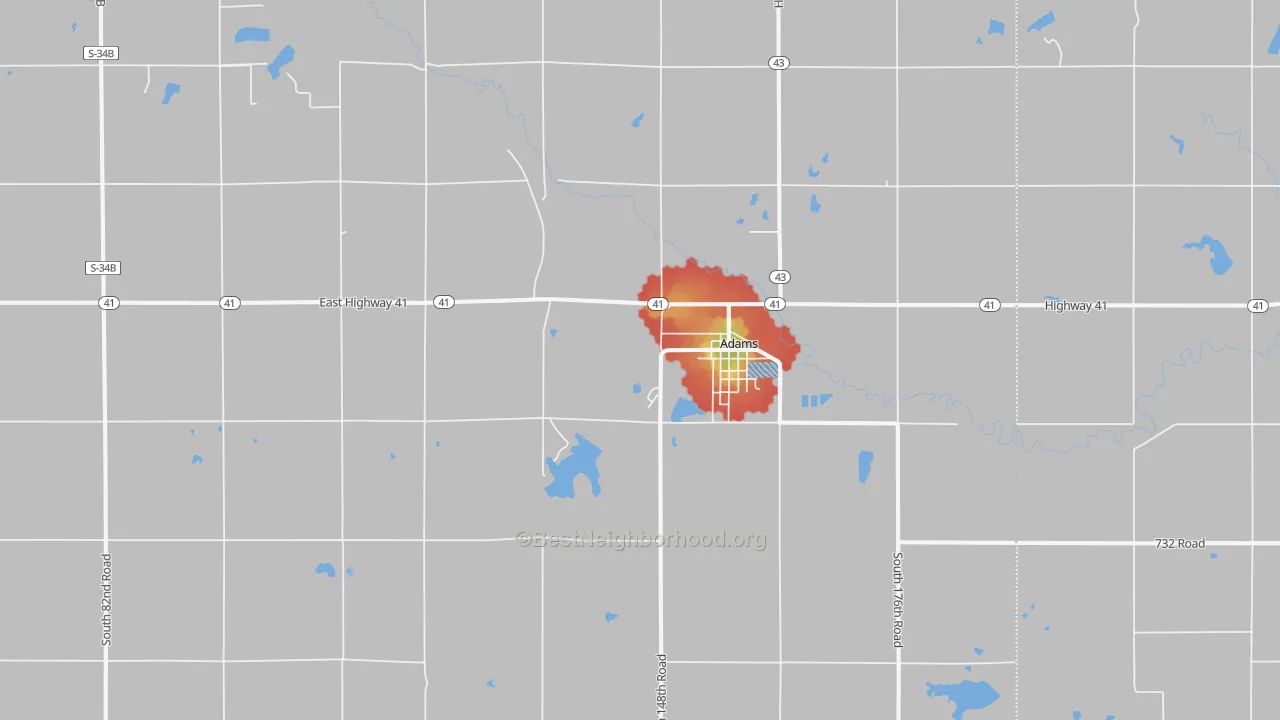 Walk Grade map of Adams, NE, walkable areas in green and car-dependent areas in red