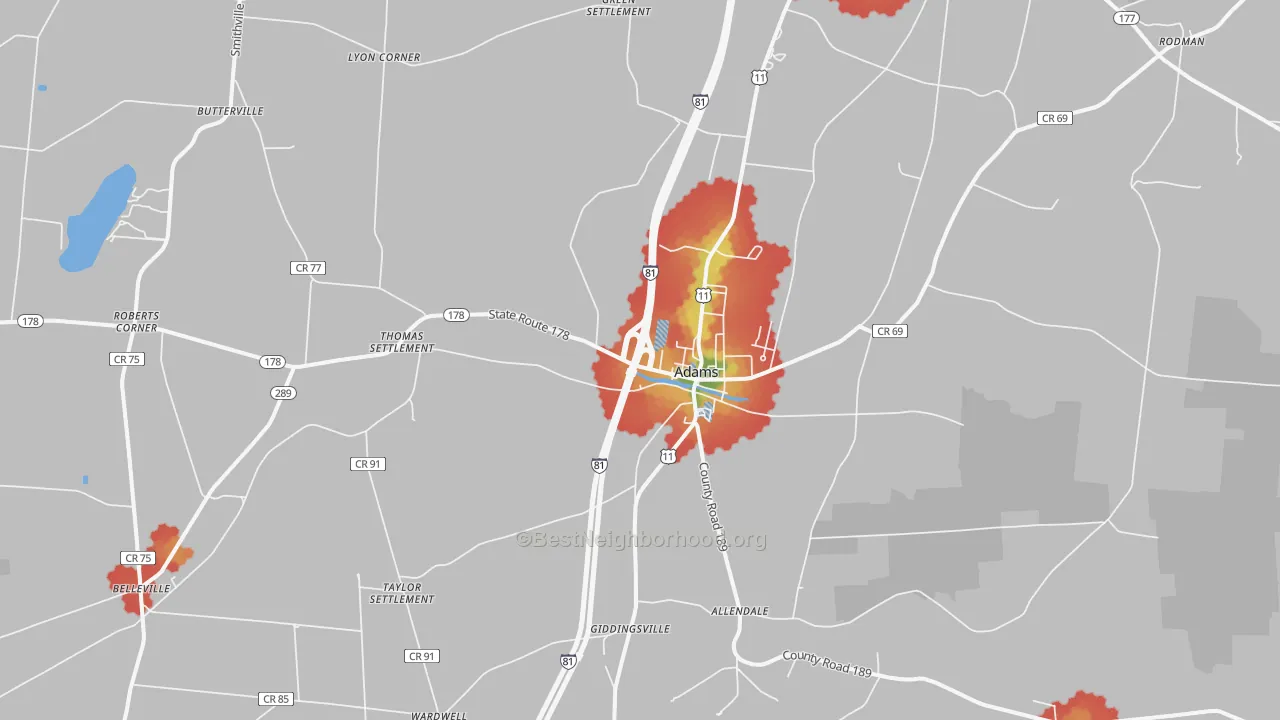 Walk Grade map of Adams, NY, walkable areas in green and car-dependent areas in red