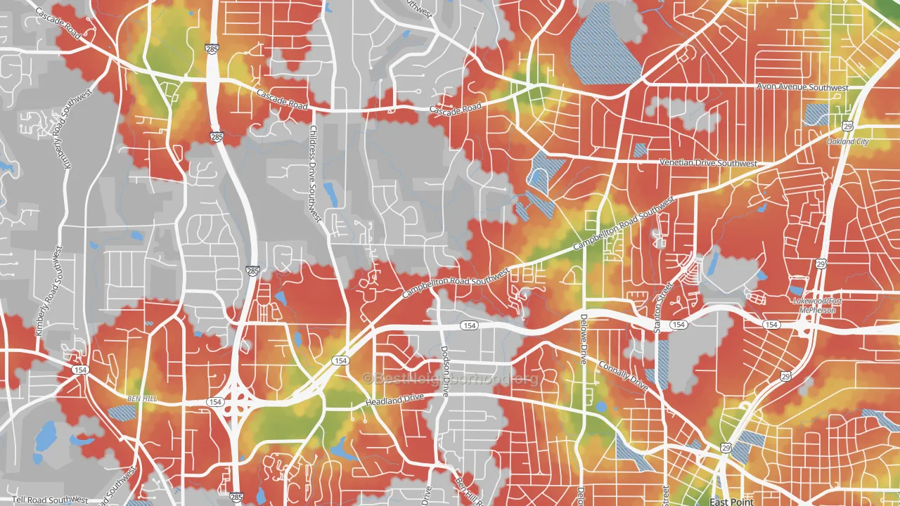 Walk Grade map of Adams Park, Atlanta, GA, walkable areas in green and car-dependent areas in red