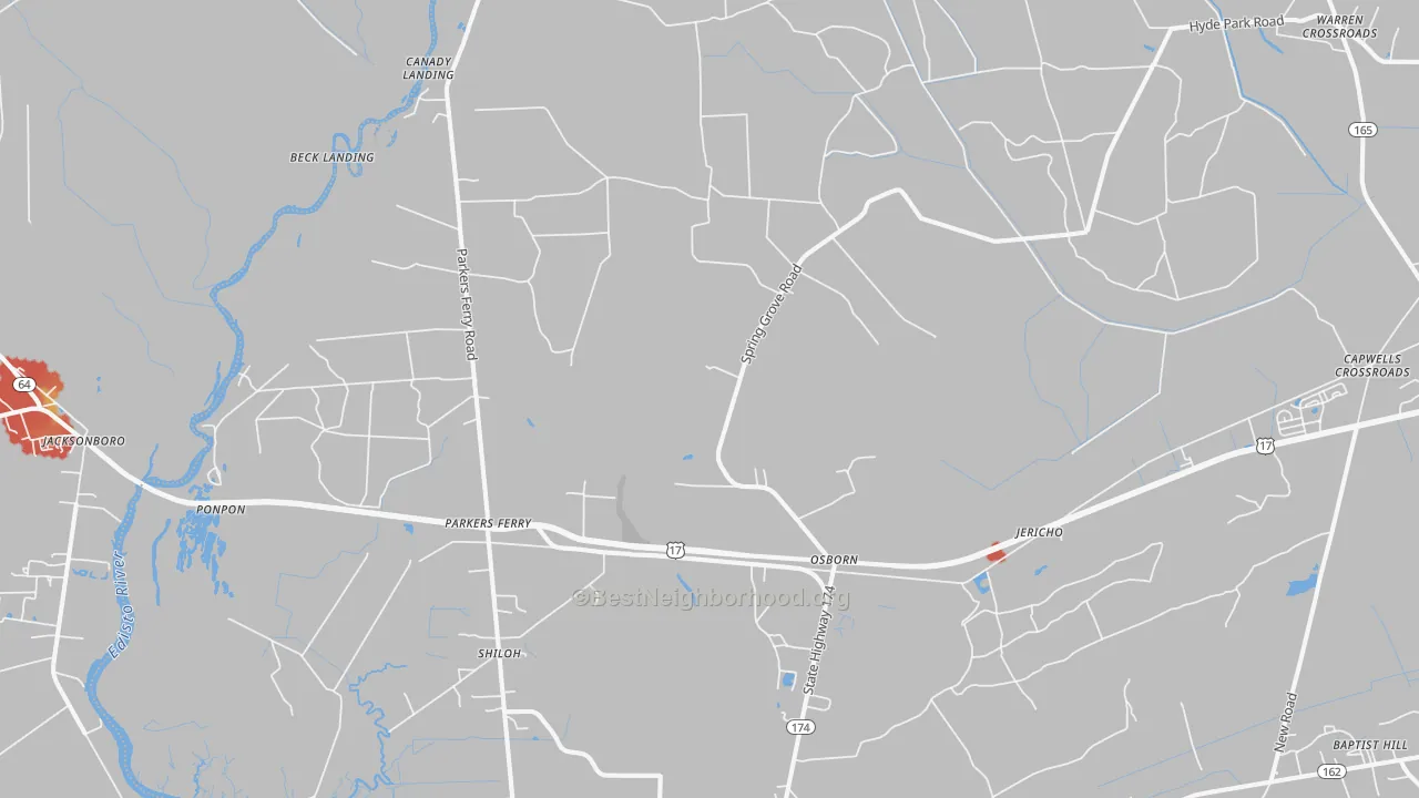 Walk Grade map of Adams Run, SC, walkable areas in green and car-dependent areas in red