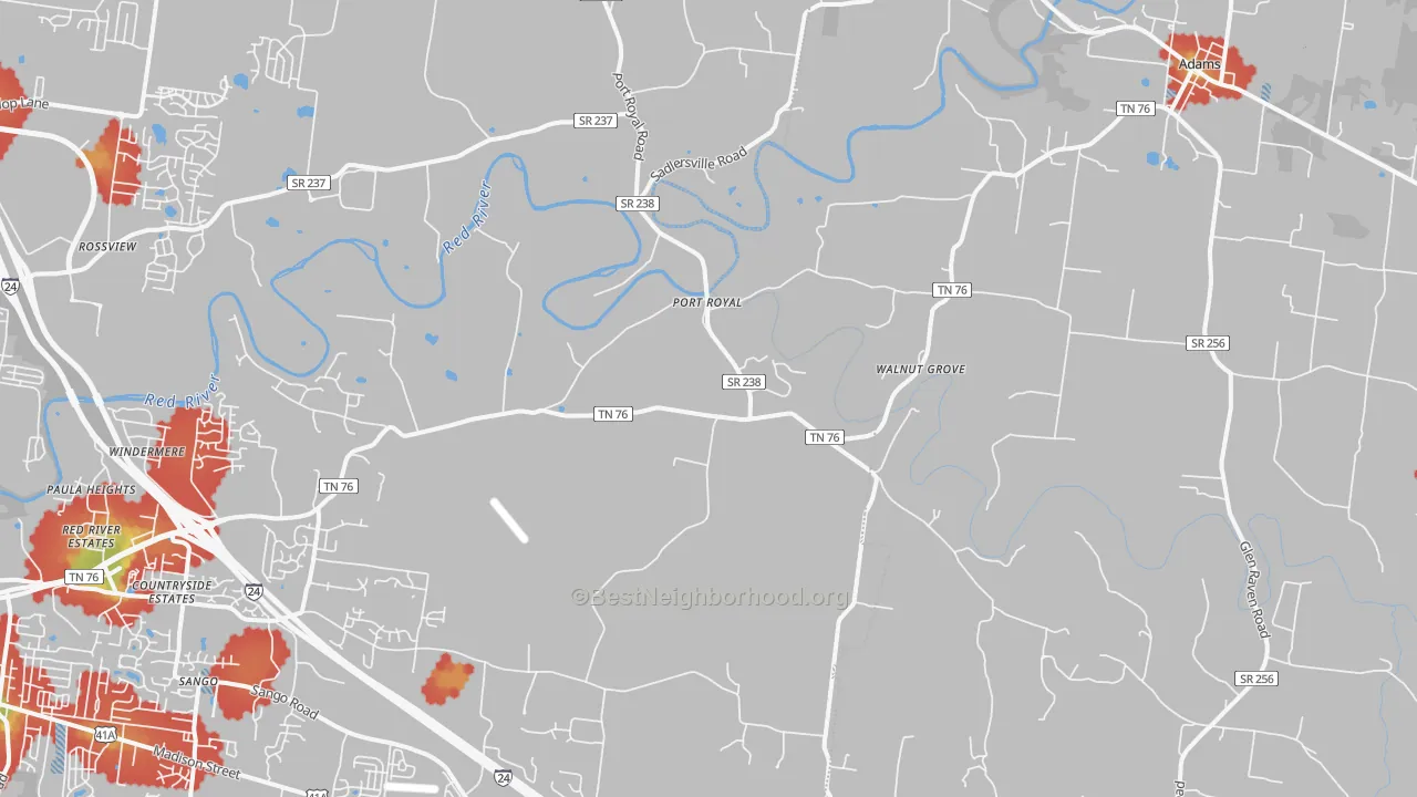 Walk Grade map of Adams, TN, walkable areas in green and car-dependent areas in red