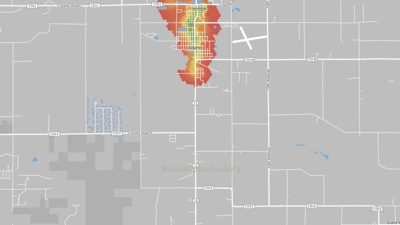Walk Grade map of Adams, WI, walkable areas in green and car-dependent areas in red
