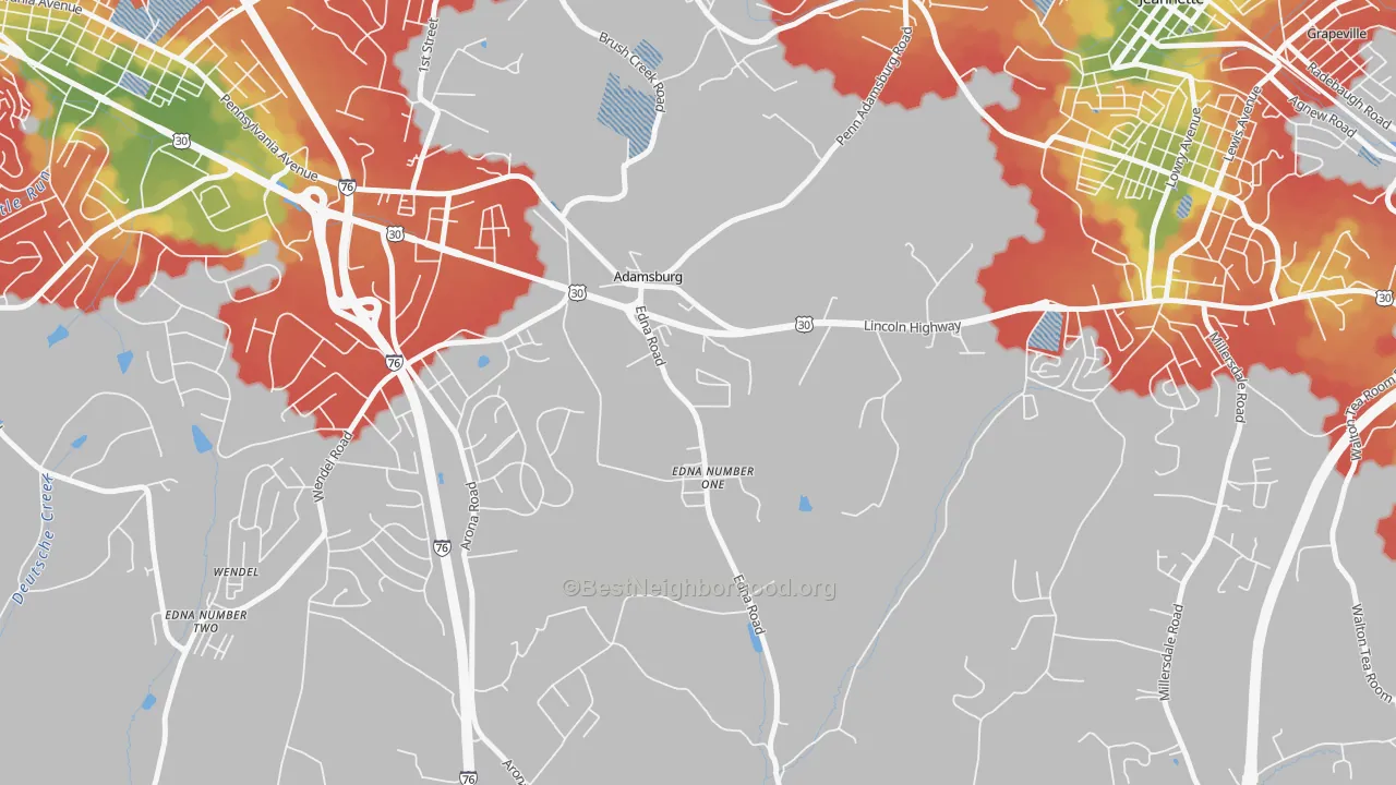 Walk Grade map of Adamsburg, PA, walkable areas in green and car-dependent areas in red