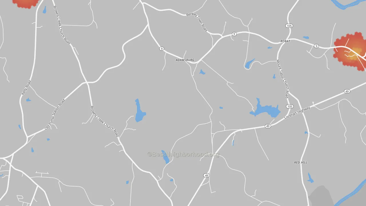 Walk Grade map of Adamsburg, SC, walkable areas in green and car-dependent areas in red