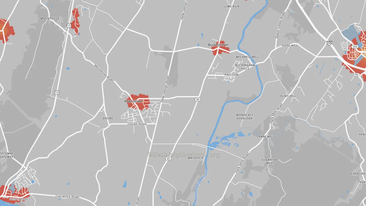 Walk Grade map of Adamstown, MD, walkable areas in green and car-dependent areas in red