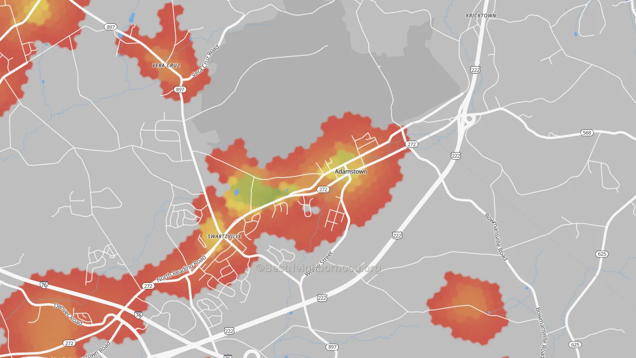 Walk Grade map of Adamstown, PA, walkable areas in green and car-dependent areas in red