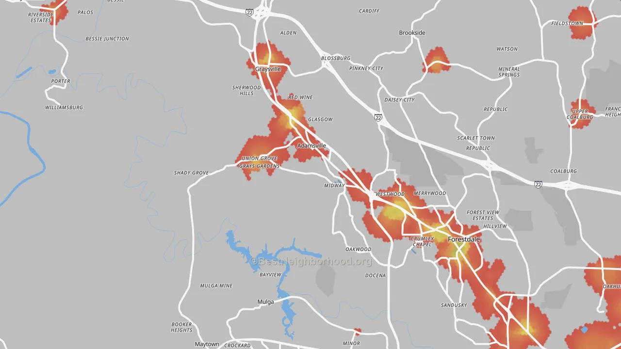 Walk Grade map of Adamsville, AL, walkable areas in green and car-dependent areas in red