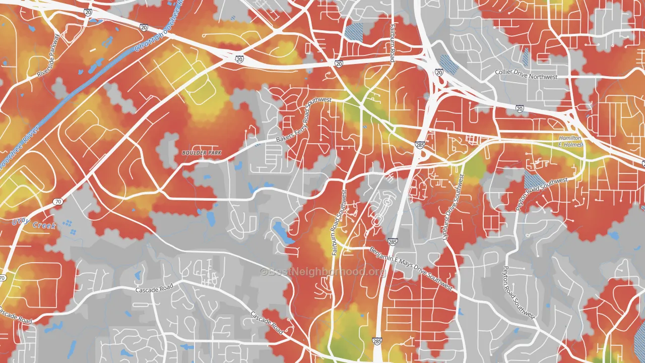 Walk Grade map of Adamsville, Atlanta, GA, walkable areas in green and car-dependent areas in red