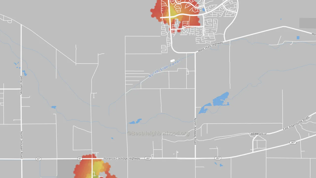 Walk Grade map of Adamsville, AZ, walkable areas in green and car-dependent areas in red