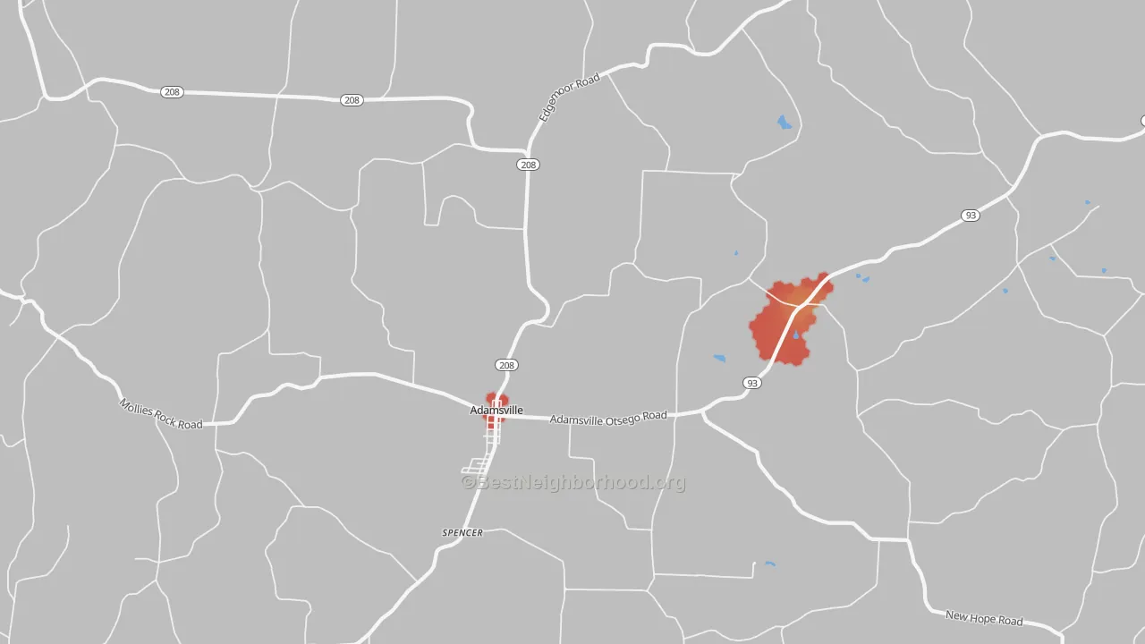 Walk Grade map of Adamsville, OH, walkable areas in green and car-dependent areas in red