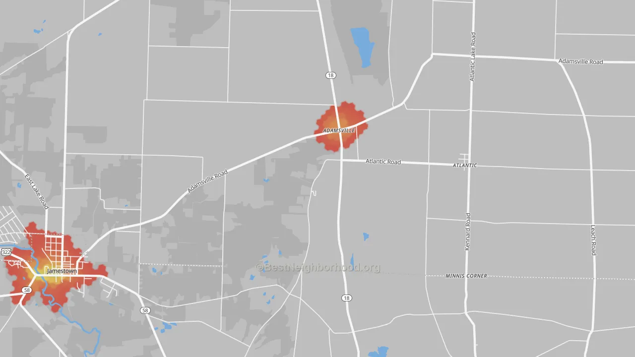 Walk Grade map of Adamsville, PA, walkable areas in green and car-dependent areas in red
