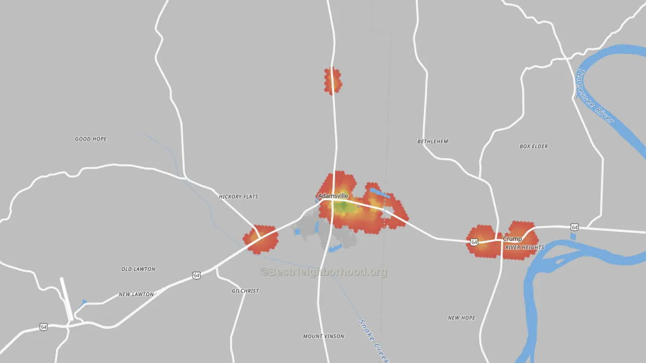 Walk Grade map of Adamsville, TN, walkable areas in green and car-dependent areas in red