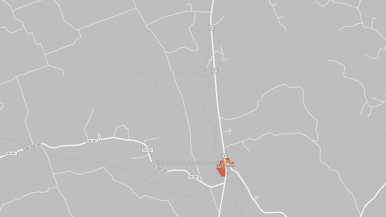 Walk Grade map of Adamsville, TX, walkable areas in green and car-dependent areas in red