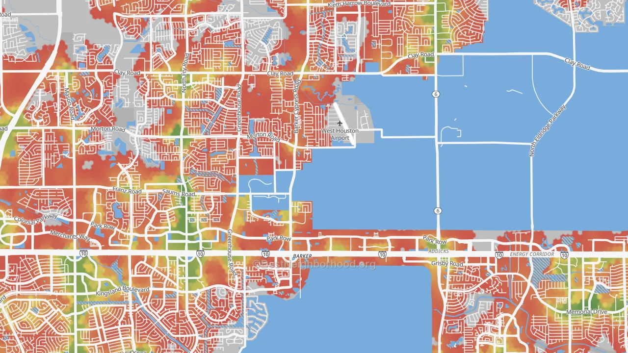 Walk Grade map of Addicks-Park ten, Houston, TX, walkable areas in green and car-dependent areas in red