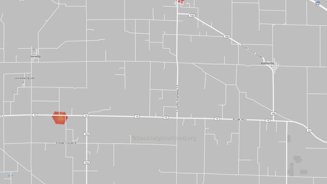 Walk Grade map of Addieville, IL, walkable areas in green and car-dependent areas in red