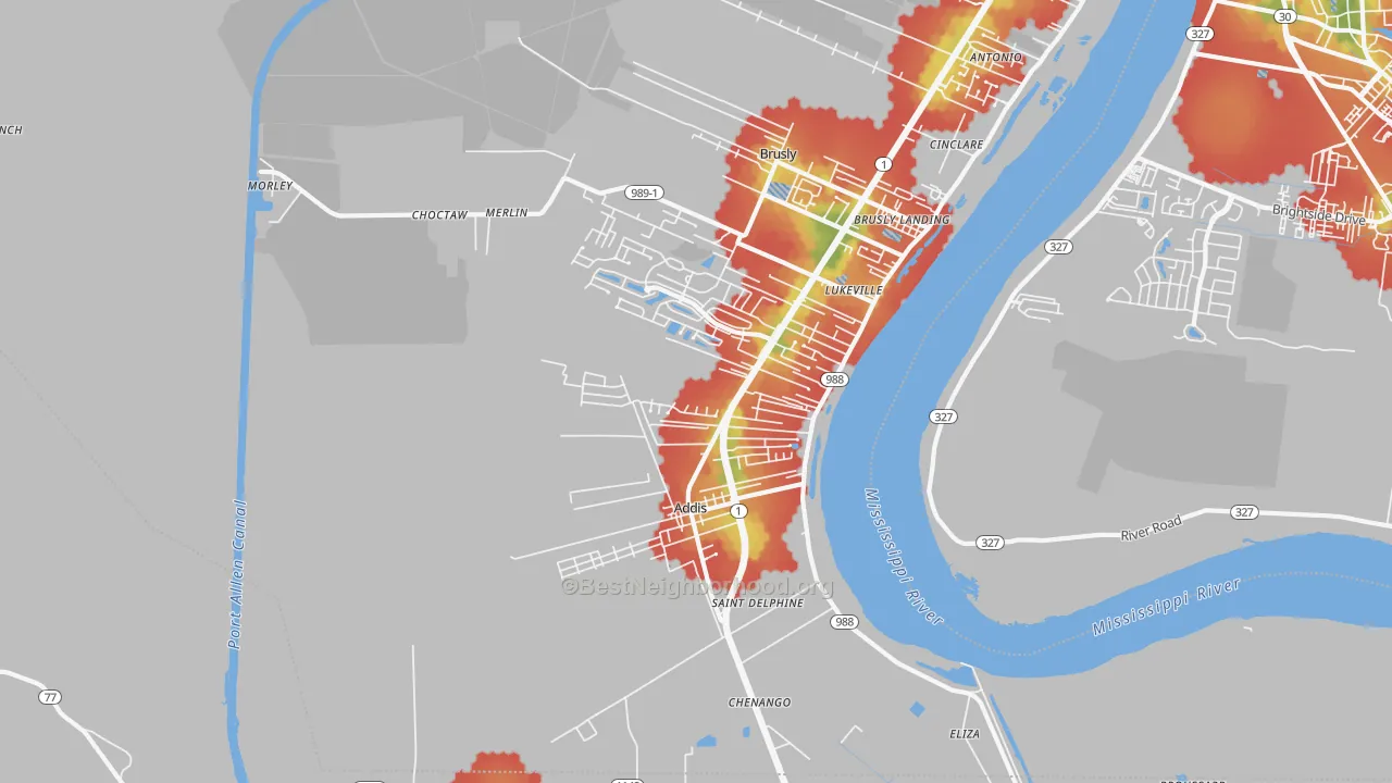 Walk Grade map of Addis, LA, walkable areas in green and car-dependent areas in red