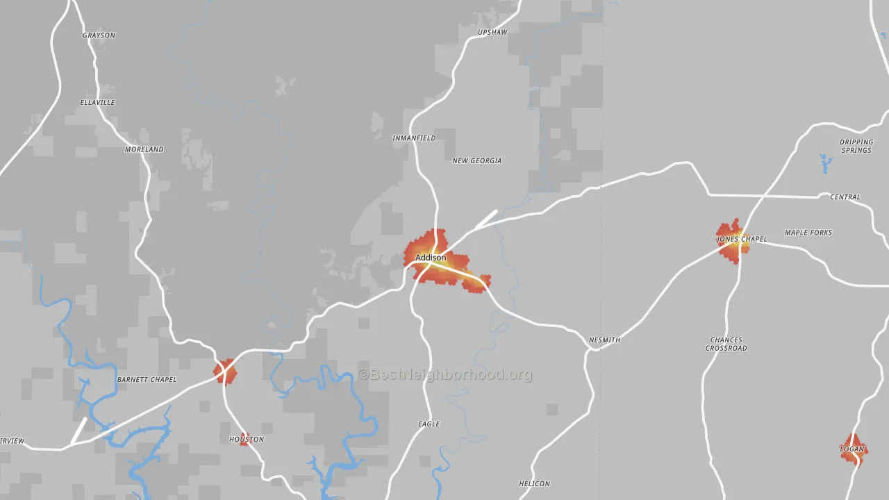 Walk Grade map of Addison, AL, walkable areas in green and car-dependent areas in red